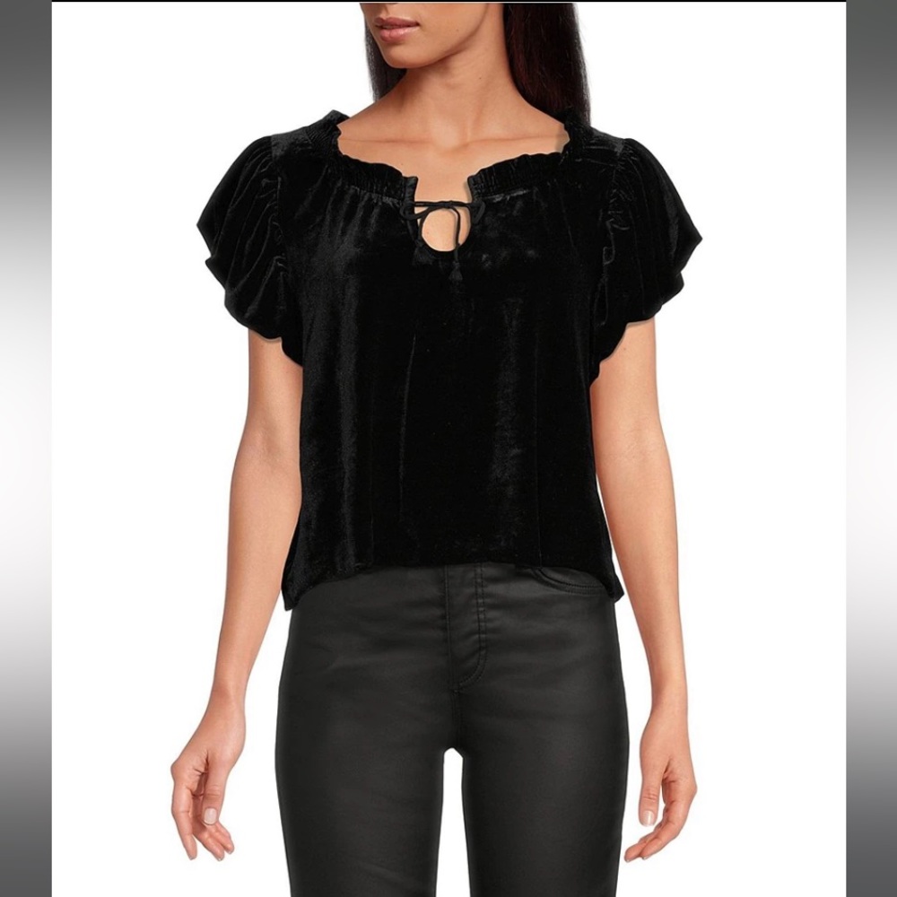 Free People Black Velvet Ruffled Keyhole Tie Neck Short Puffed Sleeve Top